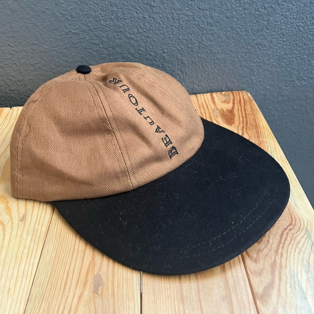 Vintage Beautour embroidered brown and black stitching long bill strap back hat